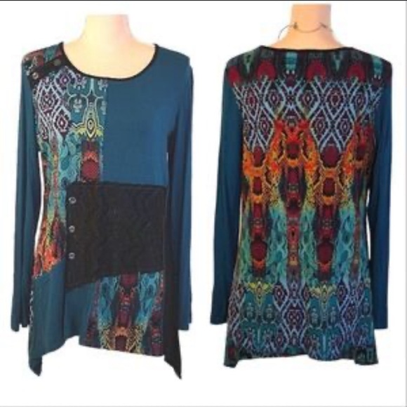 Mirror Image Tops - Vibrant Teal and Multicolor Long Sleeve Women's Top